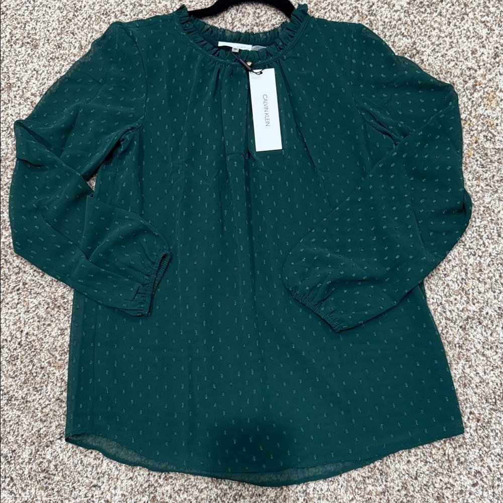 Calvin Klein Dark Green Blouse swiss dot pattern new with tag